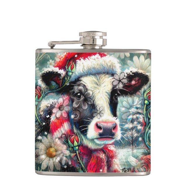 Cow Dreaming of Warmer Times Teal Red Floral Flask (Front)
