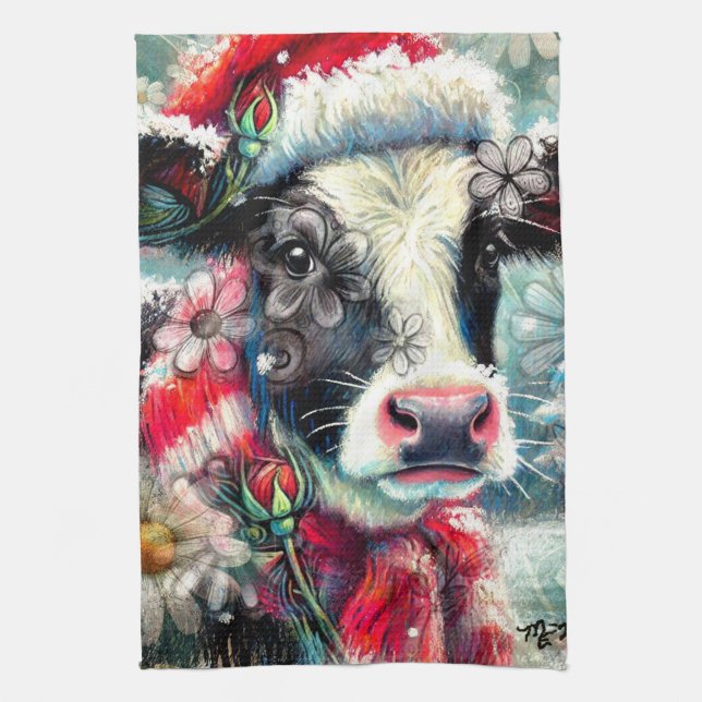 Cow Dreaming of Warmer Times Teal Red Floral Kitchen Towel (Vertical)