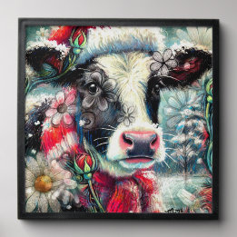 Cow Dreaming of Warmer Times Teal Red Floral Peel And Stick Photo Tile