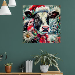 Cow Dreaming of Warmer Times Teal Red Floral Poster