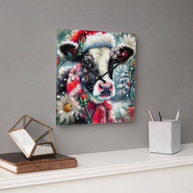 Cow Dreaming of Warmer Times Teal Red Floral Square Wall Clock (Office)