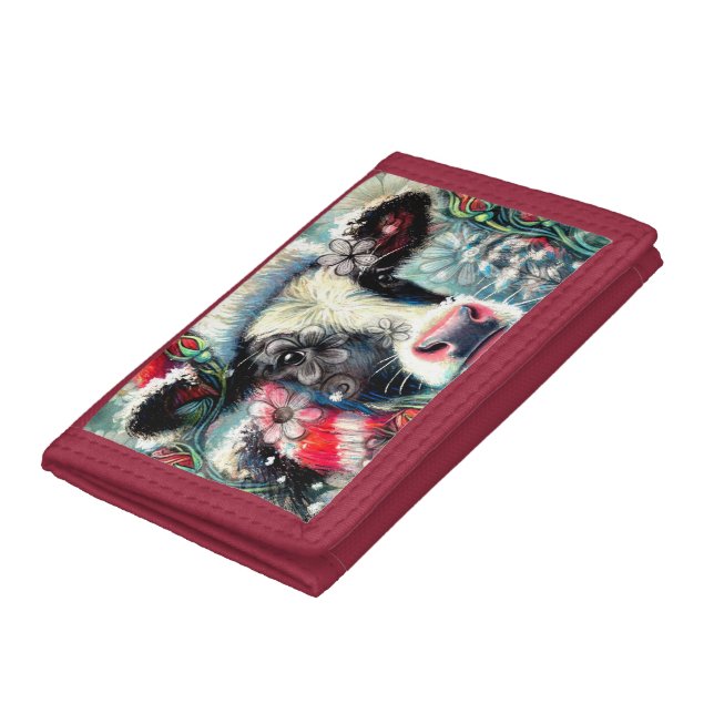 Cow Dreaming of Warmer Times Teal Red Floral Trifold Wallet (Bottom)