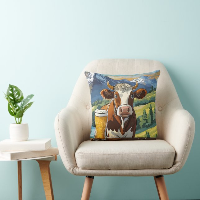 Cow Drinking Beer Pillow! Throw Pillow (Chair)