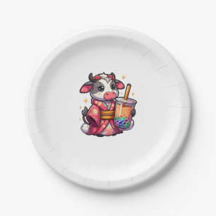 Cow Drinking Bubble Tea Japanese Kimono _1_1 Paper Plates