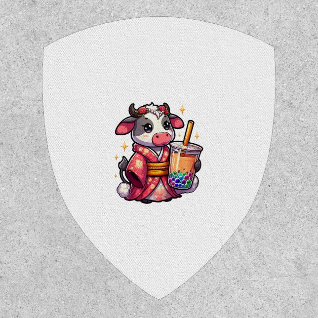Cow Drinking Bubble Tea Japanese Kimono _1_1 Patch (Front)