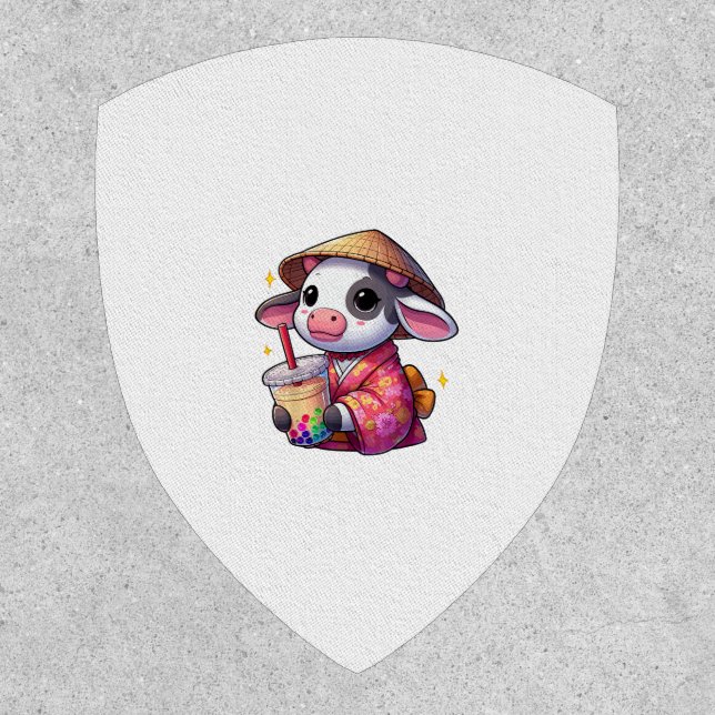 Cow Drinking Bubble Tea Japanese Kimono _1 Patch (Front)