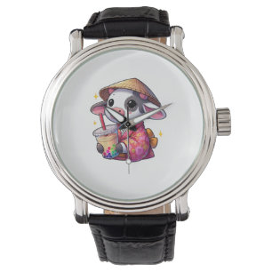 Cow Drinking Bubble Tea Japanese Kimono _1 Watch