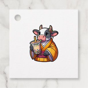 Cow Drinking Bubble Tea Japanese Kimono  Favor Tags