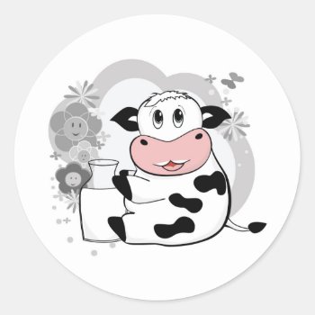 Cow Drinking Milk Classic Round Sticker by escapefromreality at Zazzle