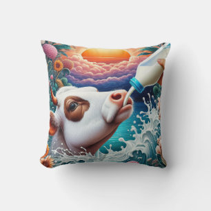 Cow drinking milk throw pillow
