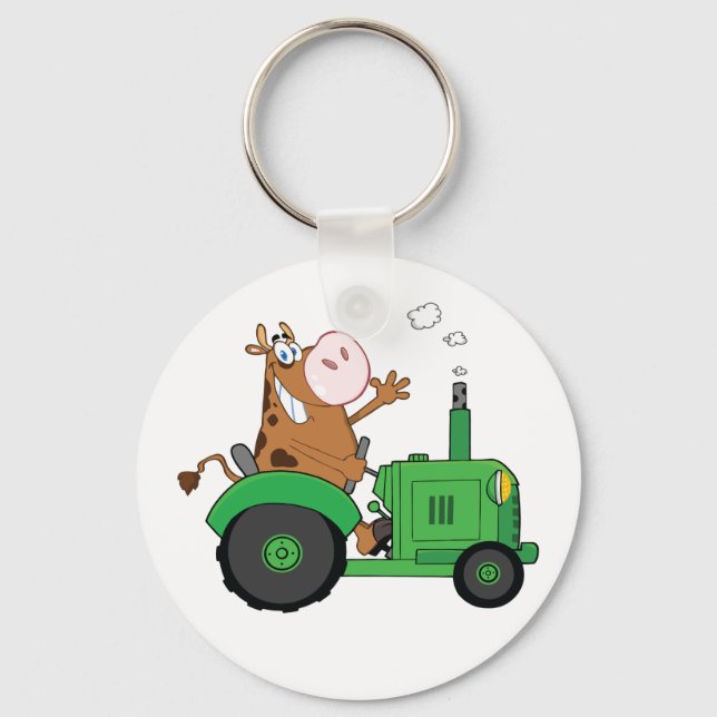 Cow Driving A Tractor Keychain (Front)