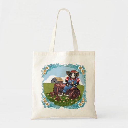 Cow Driving Tractor Tote Bag