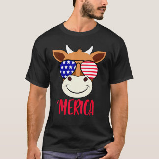 Cow Face 4th Of July Usa Sunglasses American Flag T-Shirt