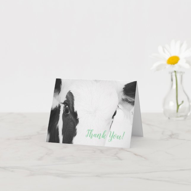 Cow Face Close-up Baby Shower Thank You Card Green (Small Plant)