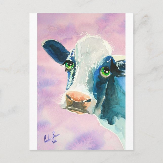 Cow face with green eyes watercolor painting postcard (Front)