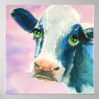 Cow face with green eyes watercolor painting poster