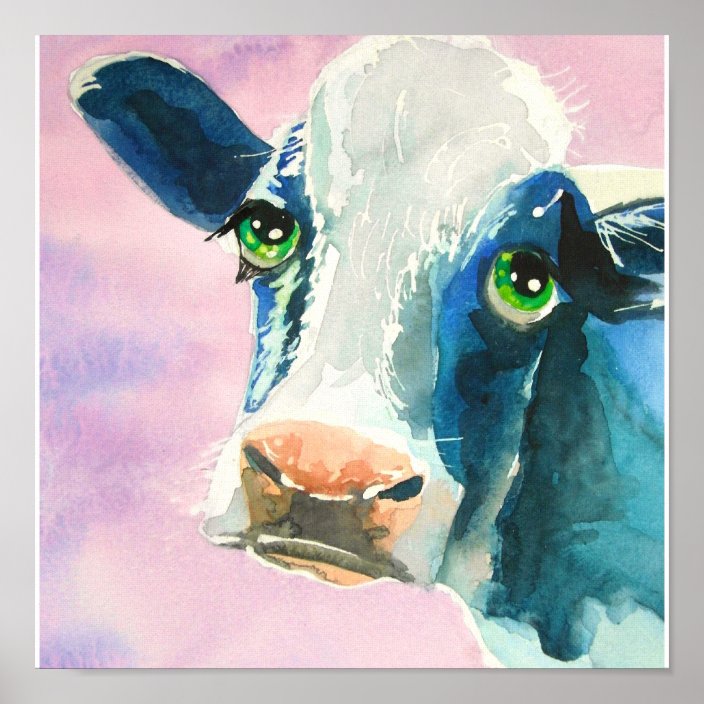 Cow Face With Green Eyes Watercolor Painting Poster Zazzle Com