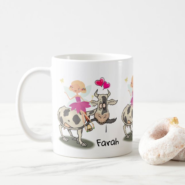 Cow Fairy Floral Pink Hearts  Mug (With Donut)