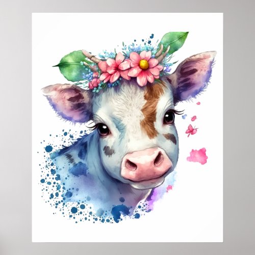 Cow Farm Animal Flowers and Butterflies Watercolor Poster