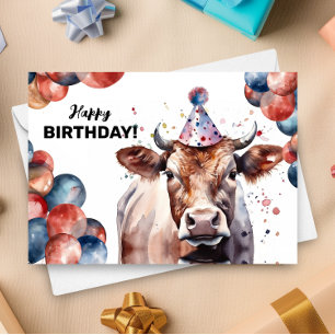 Cow Farm Animal Watercolor Portrait Happy Birthday Card