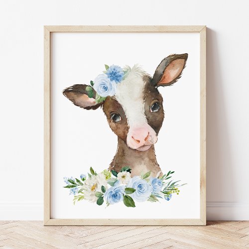 Cow Farm Animals Barn Blue Flowers Boy Nursery Photo Print