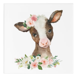 Cow, Farm Animals, Pink Flowers, Girl Nursery Acrylic Print