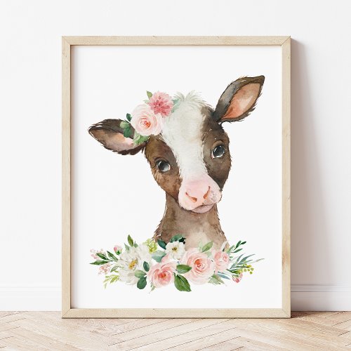 Cow Farm Animals Pink Flowers Girl Nursery Poster