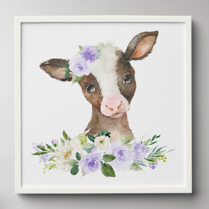 Cow, Farm Animals, Purple Flowers, Gender Neutral Peel And Stick Photo Tile