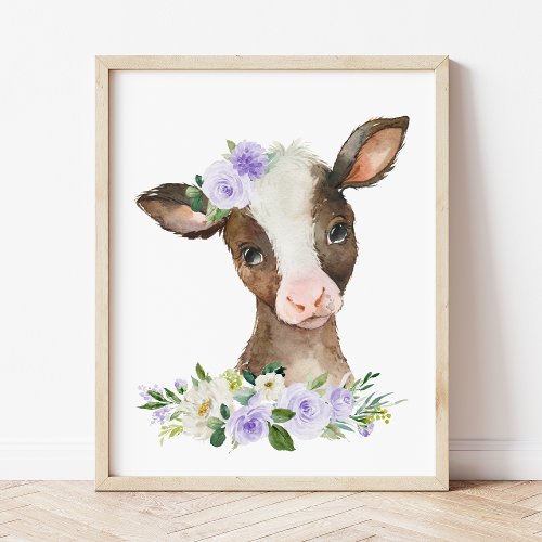 Cow Farm Animals Purple Flowers Gender Neutral Poster