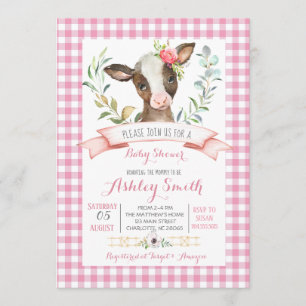 cow farm baby shower invitation pink girl