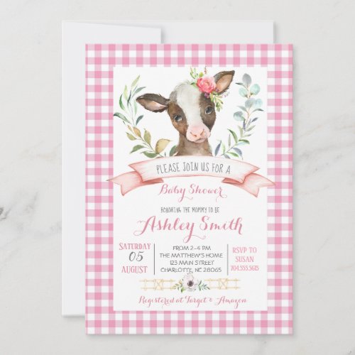 cow farm baby shower invitation pink girl