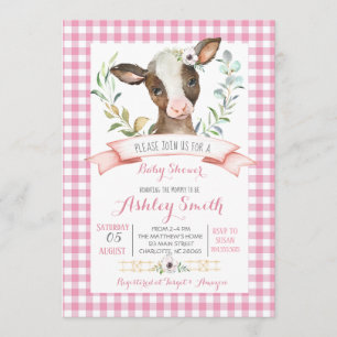 cow farm baby shower invitation pink girl