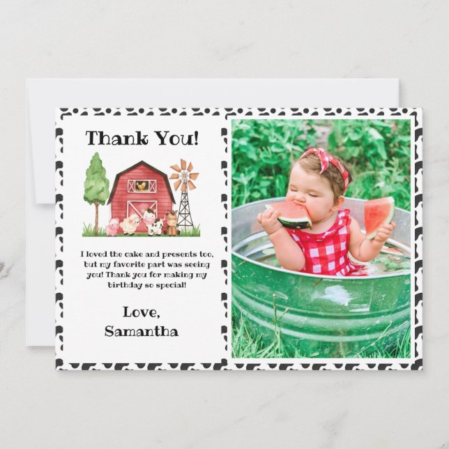 Cow Farm/ Barnyard Birthday Photo Thank You Card  (Front)