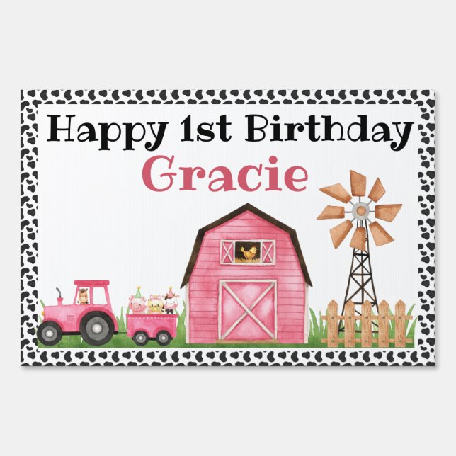 Cow/ Farm / Barnyard Pink Birthday Banner Sign (Front)