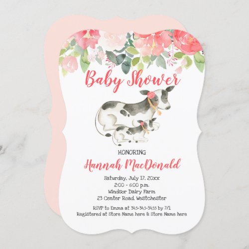 Cow Farm Coral and Pink Floral Baby Shower Invite