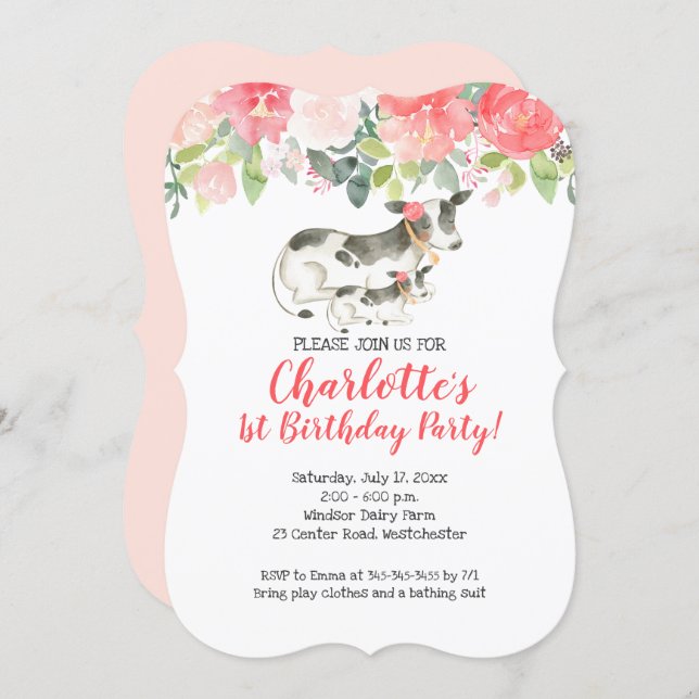 Cow Farm Coral and Pink Floral Birthday Invitation (Front/Back)