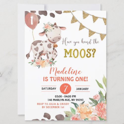 Cow Farm Girl Floral Baby Shower Invitation