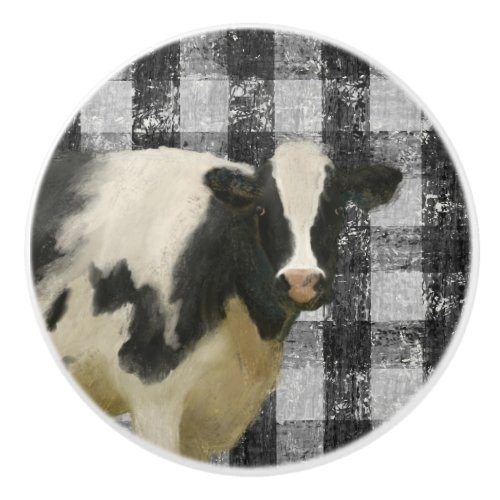 Cow Farmhouse Rustic Black n White Gingham Check Ceramic Knob