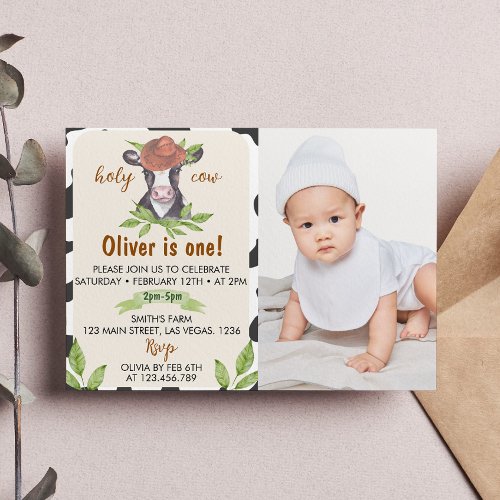 Cow First Birthday Photo Invitation