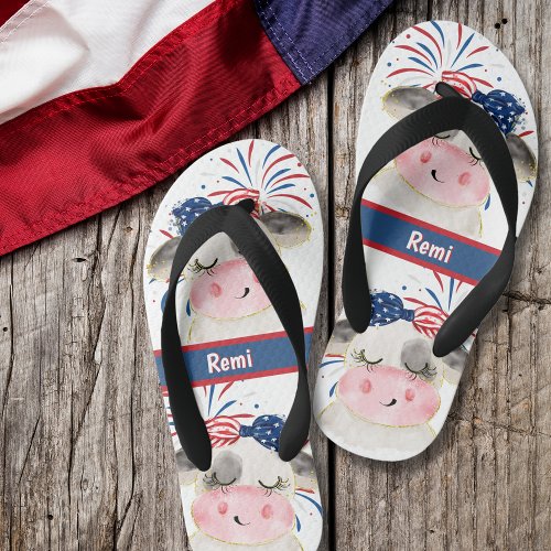 Cow Flag Hair Tie and Fireworks Custom Kids Flip Flops