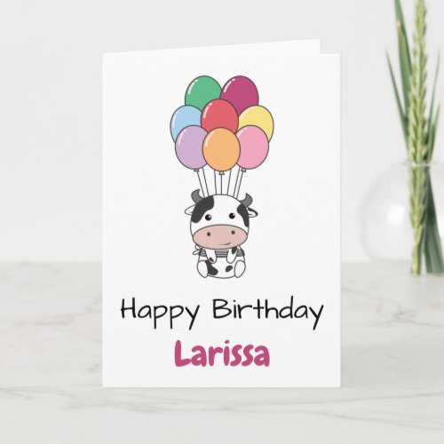 Cow Flies Up With Colorful Balloons Card