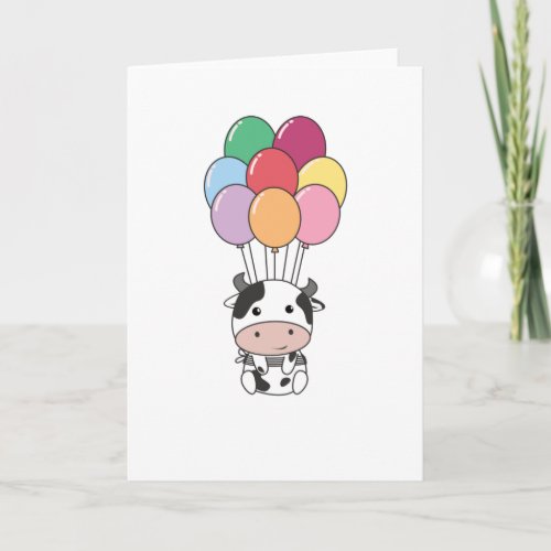 Cow Flies Up With Colorful Balloons Card