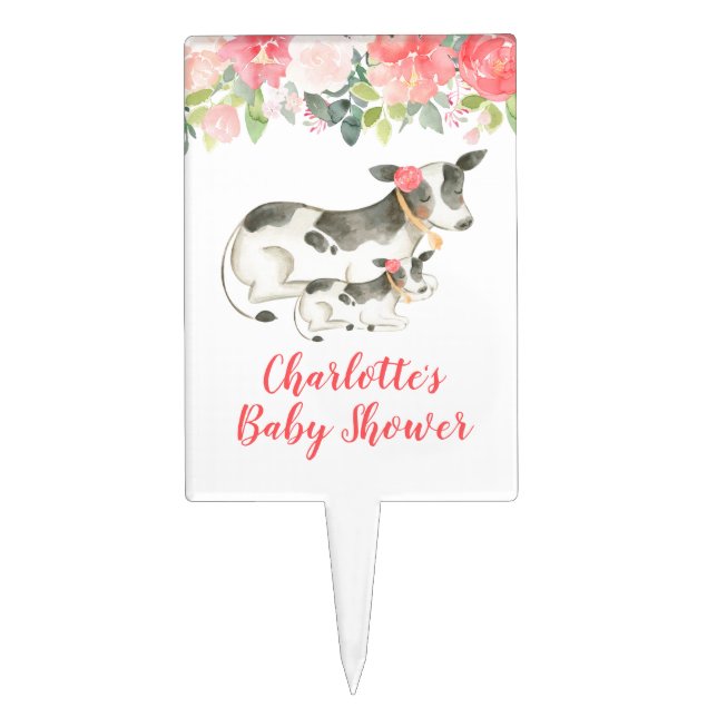 Cow Floral Birthday Baby Shower Cake Topper Pick (Front)