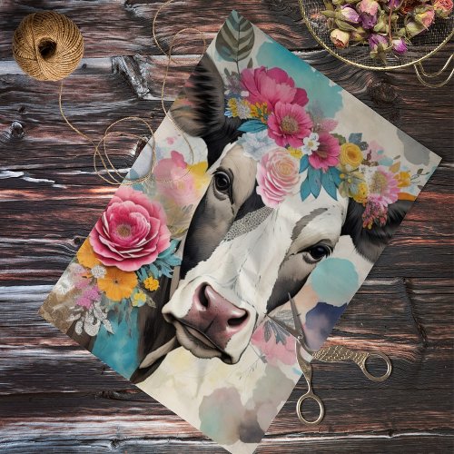 Cow Floral Mixed Media Collage Decoupage Tissue Paper