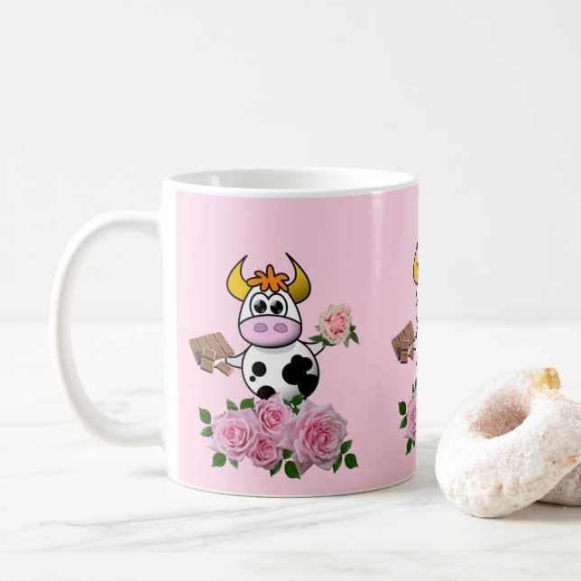 Cow Floral Pink Roses Chocolate Mug (With Donut)