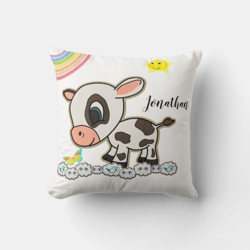 Cow Floral Rainbow Clouds Throw Pillow 