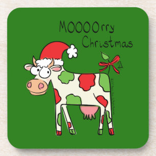 Cow Funny Cartoon Christmas Holiday Beverage Coaster