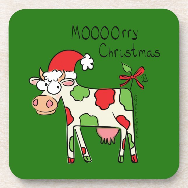 Cow Funny Cartoon Christmas Holiday Beverage Coaster (Front)
