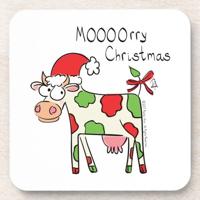 Cow Funny Cartoon Christmas Holiday Beverage Coaster (Front)