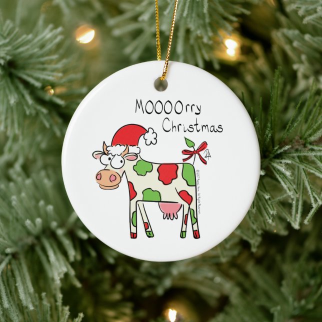 Cow Funny Cartoon Christmas Holiday Ceramic Ornament (Tree)
